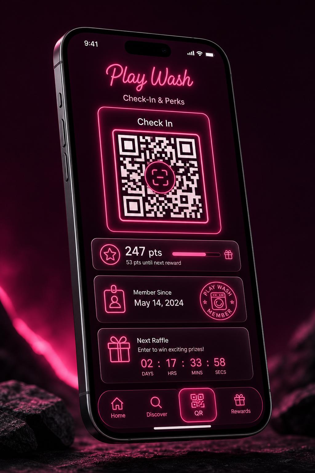 Play Wash mobile companion app interface showing events, community features, and QR check-in