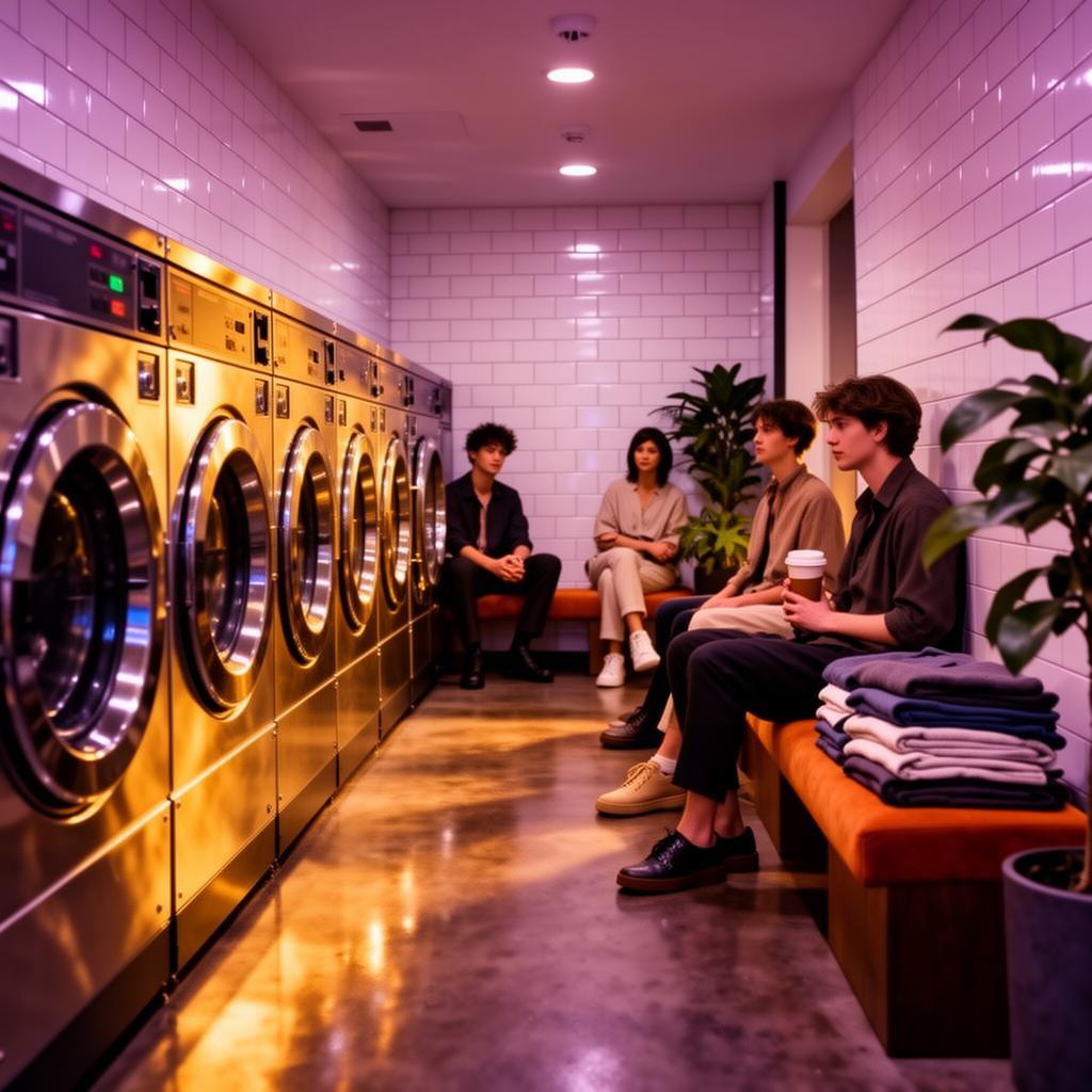 Stylish modern laundromat where neighbors lounge with coffee among chrome washers