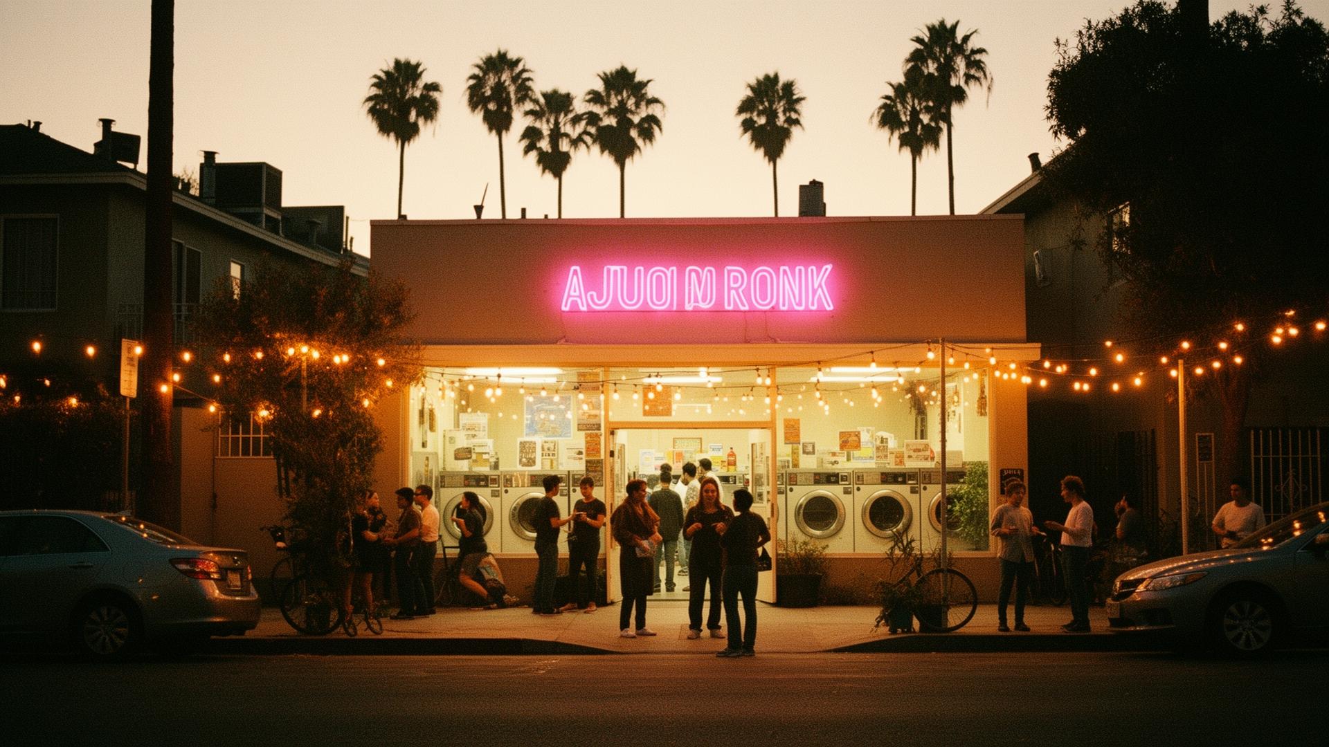 A warm neighborhood evening outside a glowing Play Wash storefront
