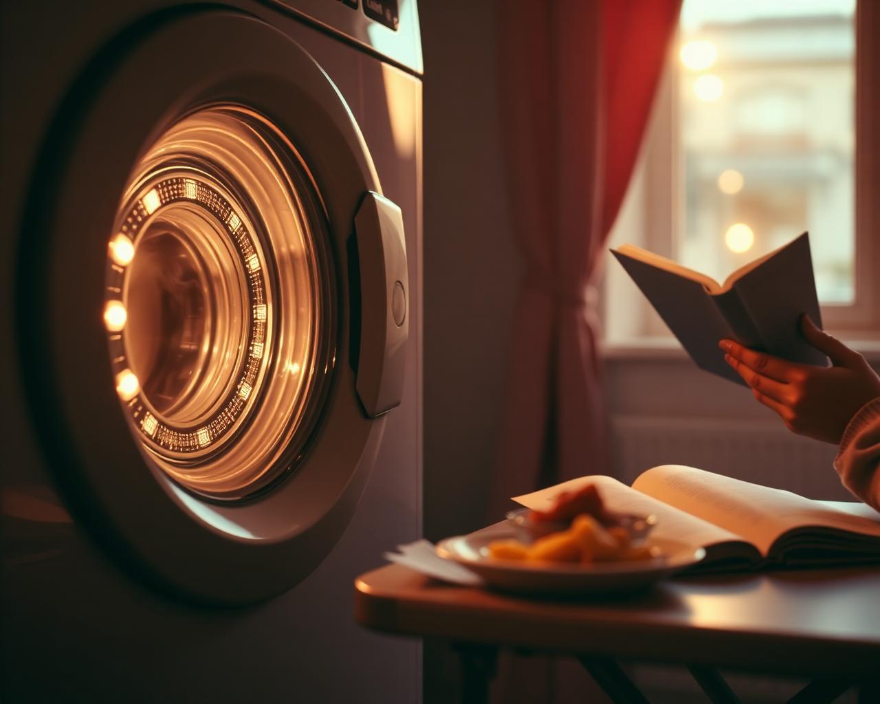 A glowing washer timer with a person reading nearby