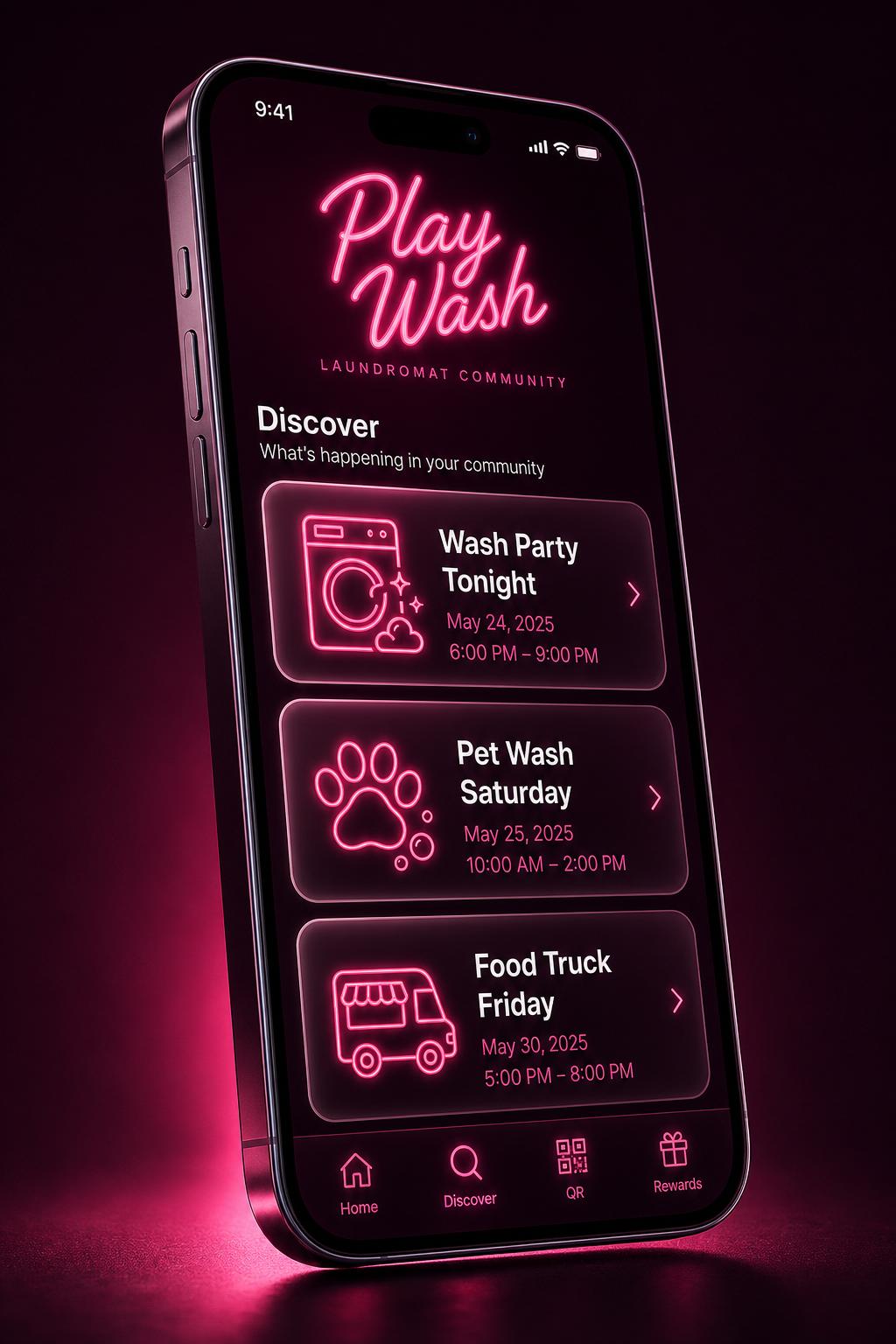 Play Wash mobile companion app showing wash parties, pet washes, and community events