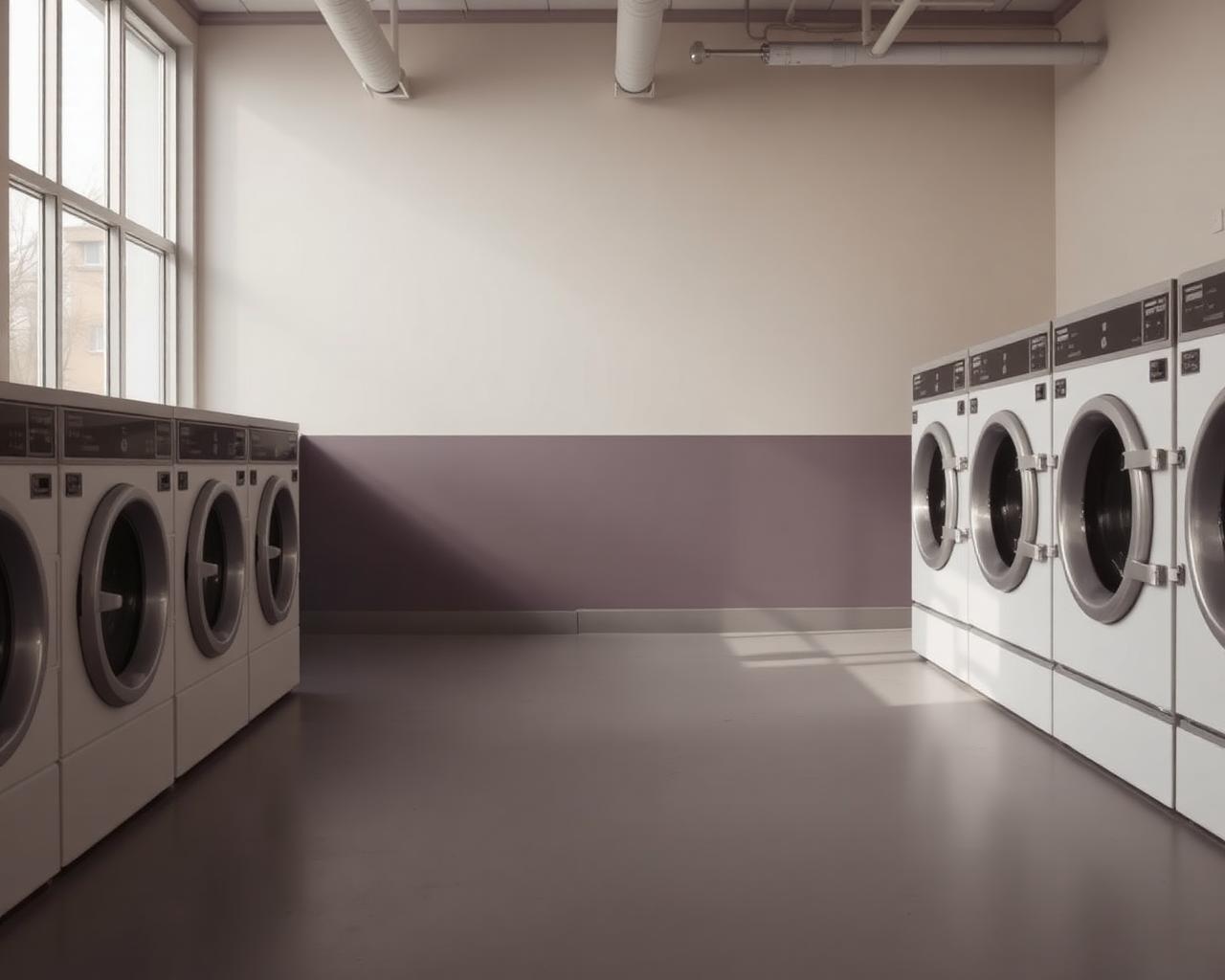 A calm, quiet laundromat with lots of negative space